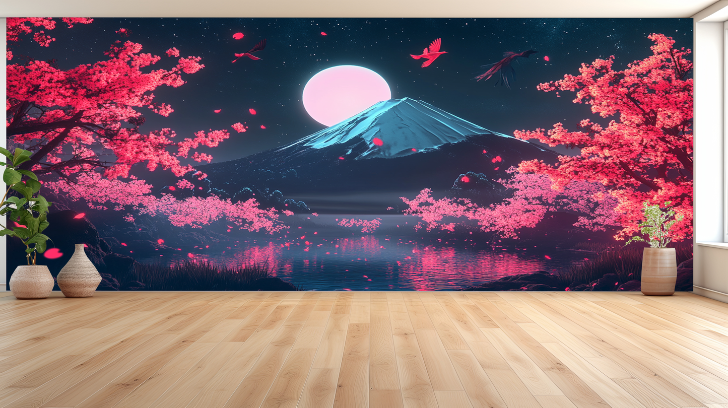 Kirschblüten und Berg im Mondlicht