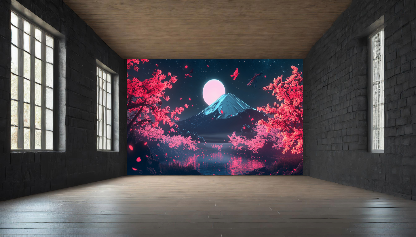 Kirschblüten und Berg im Mondlicht