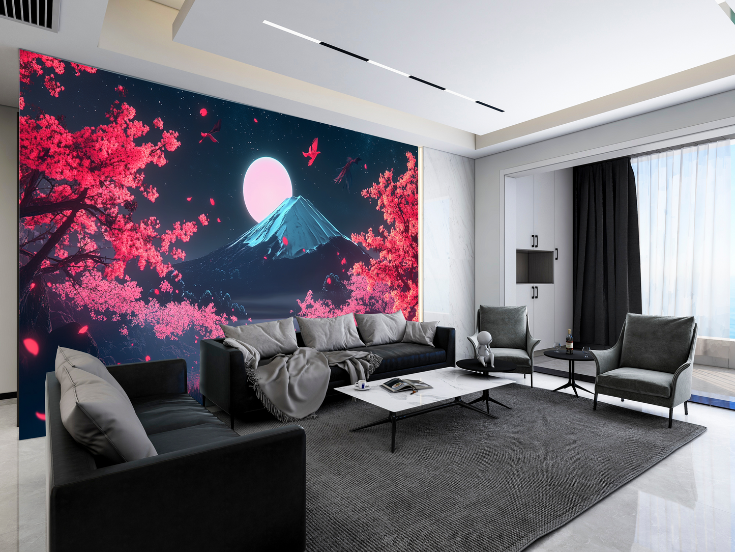 Kirschblüten und Berg im Mondlicht